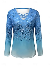 preiswerte Kunst &amp; Design T-Shirt-Damen T Shirt Ausschnitt Druck Ombre Grafik Vintage Stilvoll Klassisch Langarm V Ausschnitt Normale Oberteile Täglich Blau Frühling Herbst