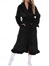 cheap Women's Onesies-Women's Pajamas Robe Flannel Warm Fashion Pure Color Ruffle Pocket Home Daily Bed Long Sleeve Crew Neck Black White Pink Red Purple Fall Winter Regular Fit