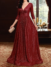 お買い得  床の長さ-Ａライン フロア丈 ウェディングゲストドレス フォーマルドレス イブニングガウン マダムドS 七分袖 Ｖネック エレガント パーティー 豪華 祝日 カクテルパーティー フォーマルイブニング チュール 〜と プリーツ スパンコール