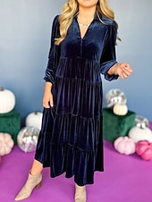 abordables Robe de cocktail-Femmes Robe Midi Robe en Velours Robe de Soirée Robe de Cocktail Élégant Mode Moderne Soirée Coupe régulière Uni manche longue Col de chemise Noir Jaune Vert foncé Bleu de minuit Automne Hiver