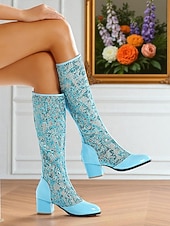  naisten siniset pitsisaappaat polven puolivälissä lohkokorolla - elegantit vintage-retroverkkosaappaat häihin, juhliin &cosplay-asut