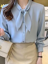 preiswerte Schicke Blusen-Damen Hemd Elegant Satin-Top Bluse Schleife Einfach Stilvoll Langarm Rundhalsausschnitt Normale Oberteile Ferien Ausgehen Blau Weiß Frühling Herbst