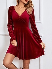 Świąteczna sukienka mini z weluru dla kobiet sukienka w kształcie litery A elegancka na przyjęcia koktajlowa na świeżym powietrzu regularne dopasowanie jednolity kolor długi rękaw dekolt w serek tanie Sukienki świąteczne-Świąteczna sukienka mini z weluru dla kobiet sukienka w kształcie litery A elegancka na przyjęcia koktajlowa na świeżym powietrzu regularne dopasowanie jednolity kolor długi rękaw dekolt w serek