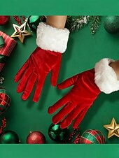 رخيصةأون قفازات نسائية-قفازات مخملية نسائية لعيد الميلاد مع أطراف من الفرو الصناعي، قفازات حمراء للعطلات للاحتفالات الاحتفالية، مثالية لحفلات الشتاء ومناسبات عيد الميلاد