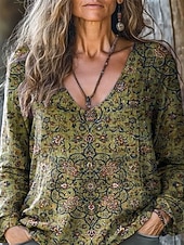 preiswerte Boho Tops-Damen Boho-Hemd Bluse Gerafft Blumen Grafik Elegant Vintage Stilvoll Langarm V Ausschnitt Normale Oberteile Täglich Ferien Ausgehen Blau Wein Armeegrün Rote Violett Frühling Herbst