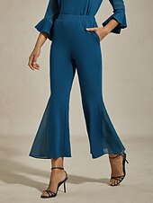 Недорогие Брюки-Женские брюки-клеш, темно-синие, с вставками из модала Butterflex, прозрачного шифона, расклешенные штанины, эластичная талия, элегантные, удобные, для повседневной носки, для работы, отдыха, весны, осени и лета