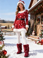 cheap Snow &amp; Winter Boots-Women's Burgundy Faux Fur Mid-Calf Winter Boots – Warm Santa-Style Snow Boots for Christmas, Holiday Outfits and Outdoor Wear