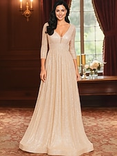 お買い得  床の長さ-Ａライン フロア丈 ウェディングゲストドレス フォーマルドレス イブニングガウン マダムドS 七分袖 Ｖネック エレガント パーティー 豪華 祝日 カクテルパーティー フォーマルイブニング チュール 〜と プリーツ スパンコール