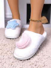 cheap Women's Slippers &amp; Flip-Flops-Women's White Plush Indoor Slippers with Star and MoonDecoration, Soft Warm Fleece Lining, Cute Cozy House Shoes for Winter Bedroom &amp; Home Wear