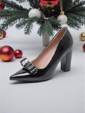 abordables Escarpins à talon bloc-Escarpins à bout pointu en cuir verni vert pour femme, ornés d'un nœud - chaussures élégantes pour les fêtes de fin d'année