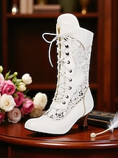 abordables novia-Botas victorianas blancas de media pantorrilla con cordones y tacón grueso para mujer: calzado de novia y fiesta de estilo eduardiano vintage de la década de 1900.