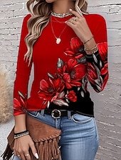abordables Camiseta floral-Mujer Camiseta Estampado Floral Graphic Plantas Vintage Moda Elegante Manga Larga Cuello Barco Escote Redondo Tops regulares Diario Fin de semana Vino Otoño Invierno