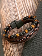 cheap Men&#039;s Jewelry-Men&#039;s Alloy Faux Leather Beaded Bracelet Set, Multi-Layer Braided Wristband with Magnetic Clasp, Fashion Punk Jewelry for Casual, Party &amp; Gift