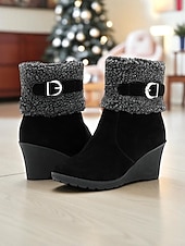 economico Stivali di neve e inverno-stivali da donna con zeppa e risvolto peloso, in pelle scamosciata marrone con cerniera e fibbia, stivali invernali caldi e comodi per il freddo, uscite informali e feste