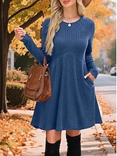 Χαμηλού Κόστους Φορέματα πουλόβερ-Γυναικεία Φόρεμα πουλόβερ Κομψό Βίντατζ Μοντέρνα Συμπαγές Χρώμα Κοτλέ Στρογγυλή Ψηλή Λαιμόκοψη Κουρελού Μακρυμάνικο Μακριές μπλούζες Πλέκω Σχολείο ΕΞΩΤΕΡΙΚΟΥ ΧΩΡΟΥ Σπίτι Μαύρο Ρουμπίνι