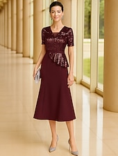 preiswerte Knöchellänge-Meerjungfrauenschnitt Knöchellänge Partykleid Cocktailkleid Kurzarm V Ausschnitt Elegant Formell Baumwollmischung Polyester Brautmutterkleid mit Farbblock