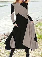 levne Tisknout květinové šaty-Dámské Midi šaty Šaty s potiskem Vinobraní Módní Moderní Denní Dovolená Jdeme ven Běžný Geometrický Dlouhý rukáv Tričkový Fialová Hnědá Tmavě šedá Šedá Jaro Podzim Zima