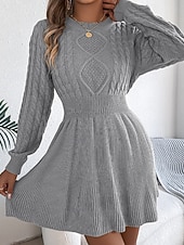 economico Abiti in maglia-Per donna Mini Abito Abiti in tessuto di lino e policotone Abito in maglia Moderno Quotidiano Natale Uscire Vestibilità regolare Semplice Manica Lunga Girocollo Nero Vino Grigio Autunno Inverno