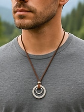 billige Menns smykker-Justerbart halskjede med lærsnor for menn og dobbeltsirkelanheng – vintage, uformelt smykke for hverdagsbruk og utendørsstil