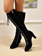  מגפי זמש עם שרוכים עד הברך לנשים, מגפי עקב בלוק בסגנון וינטג' שיק לסתיו &בגדי חורף, קוספליי ולבוש יומיומי