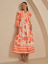 Недорогие Цветочные платья-Женское платье макси из оранжевого атласа, свободного кроя, рукав 3/4, V-образный вырез, воротник-стойка, цветочный гавайский принт, элегантное, для отпуска, на каждый день, весна-лето