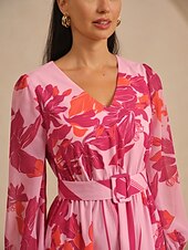 Długa sukienka damska z tkaniny wiskozowej z dekoltem w serek, elastycznym pasem, marszczeniem, odpinanym paskiem, prześwitującym szyfonem, rękawami z panelami, różowo-czerwonym wzorem kwiatowym, tanie sukienka na co dzień-Długa sukienka damska z tkaniny wiskozowej z dekoltem w serek, elastycznym pasem, marszczeniem, odpinanym paskiem, prześwitującym szyfonem, rękawami z panelami, różowo-czerwonym wzorem kwiatowym,