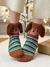 tanie Skarpetki damskie-Damskie, przytulne, puszyste skarpetki świąteczne, urocze, ciepłe kapcie z motywem psa, idealne na świąteczny relaks &amp;prezenty