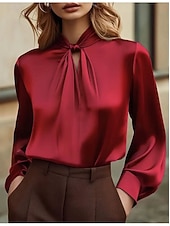 preiswerte Schicke Blusen-Damen Elegant Satin-Top Bluse Seiden-Oberteile Gerafft Einfach Elegant Stilvoll Langarm Wasserfallausschnitt Normale Oberteile Täglich Blau Salbeigrün Rote Grün Herbst
