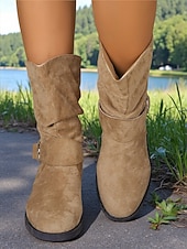 cheap Slouch Boots-Women's Khaki Faux Suede Mid-Calf Boots with Slouchy Design and Side Ring Buckle, Comfortable Low Heel Casual Riding Boots for Fall Winter Outdoor Wear