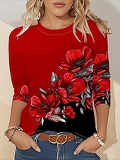 abordables Camiseta floral-Mujer Camiseta Estampado Floral Graphic Plantas Vintage Moda Elegante Manga Larga Cuello Barco Escote Redondo Tops regulares Diario Fin de semana Vino Otoño Invierno