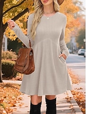 Χαμηλού Κόστους Φορέματα πουλόβερ-Γυναικεία Φόρεμα πουλόβερ Κομψό Βίντατζ Μοντέρνα Συμπαγές Χρώμα Κοτλέ Στρογγυλή Ψηλή Λαιμόκοψη Κουρελού Μακρυμάνικο Μακριές μπλούζες Πλέκω Σχολείο ΕΞΩΤΕΡΙΚΟΥ ΧΩΡΟΥ Σπίτι Μαύρο Ρουμπίνι