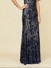  Per donna Abito maxi Tubino Elegante Festa serale Feste Paillettes Pizzo Traforato Vestibilità regolare Floreale Mezza Manica Girocollo Blu marino