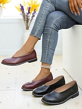 cheap Women&#039;s Flats-Women&#039;s Burgundy Faux Leather Round Toe Flats with Low Heel, Comfortable Casual Dress Shoes for Work, Office &amp; Everyday Wear