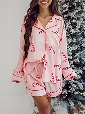 cheap Women's Sleep Tops &amp; Bottoms-Women's Pajamas Loungewear Pajama Set Casual Pure Color Elastic Waist Shorts Christmas Vacation Home Long Sleeve Shirt Collar Pink Green Fall Winter Loose Fit
