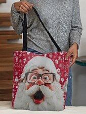 economico Borse con stampa grafica-borsa tote natalizia da donna – design di Babbo Natale con albero di Natale festivo e fiocchi di neve, divertente e stravagante, regalo perfetto per le feste di Natale, le festività invernali e lo shopping