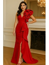 cheap Mermaid Evening Dresses-Mermaid Trumpet Floor Length Prom Dresses Evening Gown Ball Gown Formal Dress Elegant Short Sleeve Crew Neck Wedding Formal Stretch Crepe with Ruffles