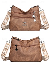 billiga Crossbodyväskor-Damväska i brunt konstläder med flera dragkedjefickor, vintage avslappnad axelväska, lätt axelväska för dagligt bruk, resor och shopping