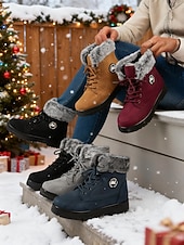 olcso Hó- és téli csizma-női bordó műszőrmével bélelt hótaposó – meleg téli csizma kültéri karácsonyi tevékenységekhez és hideg időben való viseletre