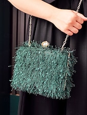 tanie Torby i torebki-Damska torebka na imprezę świąteczną – elegancka wieczorowa torebka z piórami w kolorze czerwonym i zielonym, ze złotym uchwytem i perłowym zapięciem – świąteczny prezent dla kobiety – szykowny, świąteczny styl na uroczystości bożonarodzeniowe