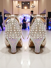 abordables Zapatos de baile latino-Zapatos de tacón con tiras de satén color champán y diamantes de imitación para mujer, estilo Gatsby vintage para baile de salón y fiestas. &amp;eventos formales