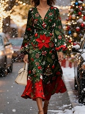 cheap Christmas Dresses-Christmas Women&#039;s Midi Dress A Line Dress Vacation Casual Party Daily Evening Party Regular Fit Graphic Snowflake Long Sleeve V Neck White Red Green Fall Winter
