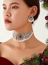 voordelige Dames ketting-Zilveren parelchoker sieradenset voor dames voor kerstfeest, vintage kristallen ketting en oorbellenset voor feestdagen &amp;elegante avondevenementen