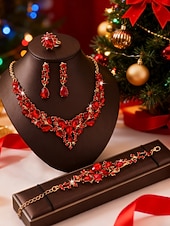 economico Collana da donna-set di gioielli da donna in cristallo verde 4 pezzi, elegante collana, orecchini, braccialetto &amp;anello per feste di Natale, regali per le feste &amp;eventi formali