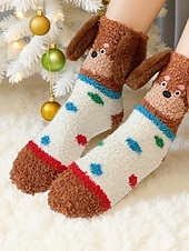 tanie Skarpetki damskie-Damskie, przytulne, puszyste skarpetki świąteczne, urocze, ciepłe kapcie z motywem psa, idealne na świąteczny relaks &amp;prezenty