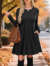 Χαμηλού Κόστους Φορέματα πουλόβερ-Γυναικεία Φόρεμα πουλόβερ Κομψό Βίντατζ Μοντέρνα Συμπαγές Χρώμα Κοτλέ Στρογγυλή Ψηλή Λαιμόκοψη Κουρελού Μακρυμάνικο Μακριές μπλούζες Πλέκω Σχολείο ΕΞΩΤΕΡΙΚΟΥ ΧΩΡΟΥ Σπίτι Μαύρο Ρουμπίνι