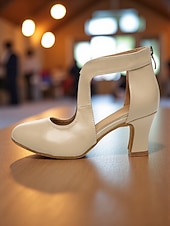 cheap Latin Shoes-Women's Beige Patent Leather Ballroom Dance Shoes - Closed Toe Mid Heel Pumps with Cutout Design for Gatsby Ball &amp; Professional Dance Party