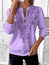 Χαμηλού Κόστους Boho Τοπς-Γυναικεία Φούτερ πουλόβερ Φούτερ με φερμουάρ Φερμουάρ Στάμπα Φλοράλ Γραφική Φυλής Μοντέρνα Καθημερινό Μακρυμάνικο Στρογγυλή Ψηλή Λαιμόκοψη Κανονικά μπλουζάκια Δρόμος Καθημερινή Ένδυση