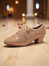 baratos Sapatos de Jazz-Sapatos de dança de salão femininos bege com cadarço - salto baixo estilo oxford com padrão brilhante para festas de dança profissionais &amp;performances