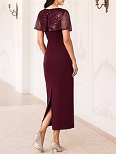 preiswerte Teelänge-Schlauchkleid Tee-Länge Partykleid Cocktailkleid Kleid für Hochzeitsgäste Brautmutterkleid Kurzarm Rundhalsausschnitt Elegant Formell Formeller Abend Hochzeitsfeier mit Perlenstickerei