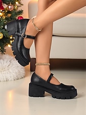 baratos Sapatos Mary Jane-Sapatos plataforma mary jane femininos bordô com tira de fivela, sola grossa, estilo casual e chique para inverno, natal e uso diário